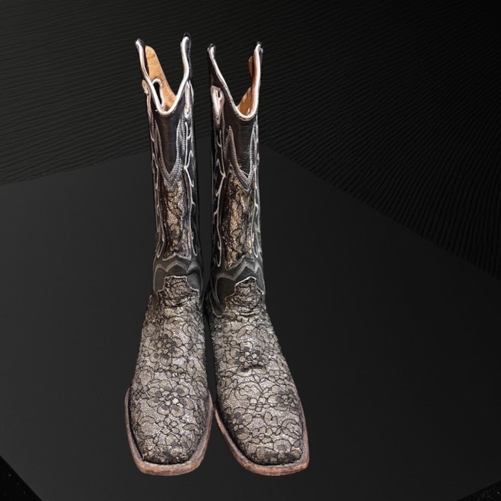 Tanner Mark Cowboy Boots Black Silver & Gold Lace Square Toe Women Size 9 - Picture 3 of 8